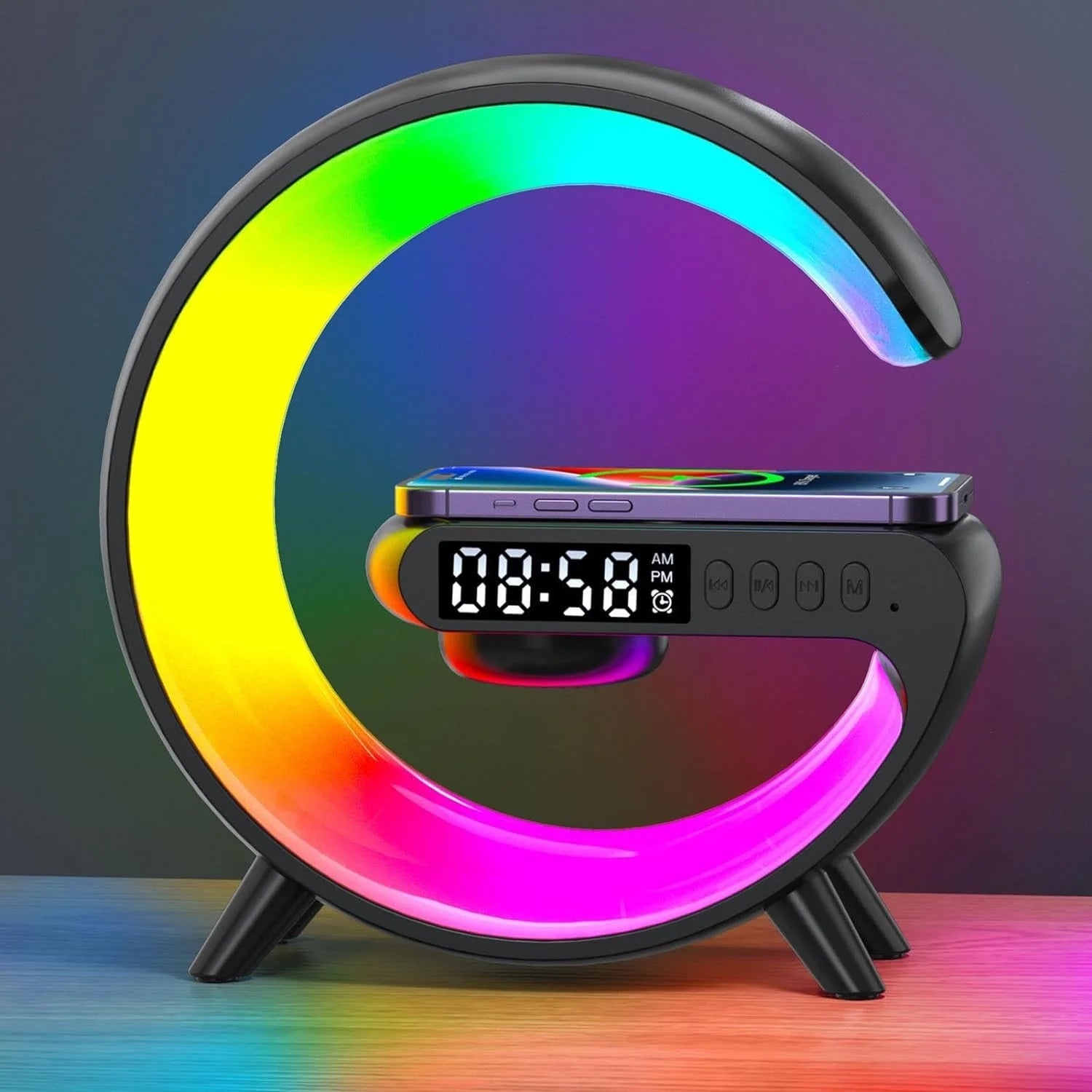 Wireless Charger Lamp Bluetooth Speaker Music Clock Alarm Key and APP Control